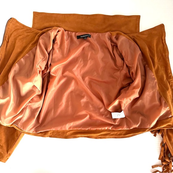 FAUX SUEDE FRINGE ASYMMETRICAL MOTO JACKET IN COGNAC BROWNISH-ORANGE Sz. LG/XL - Picture 7 of 12